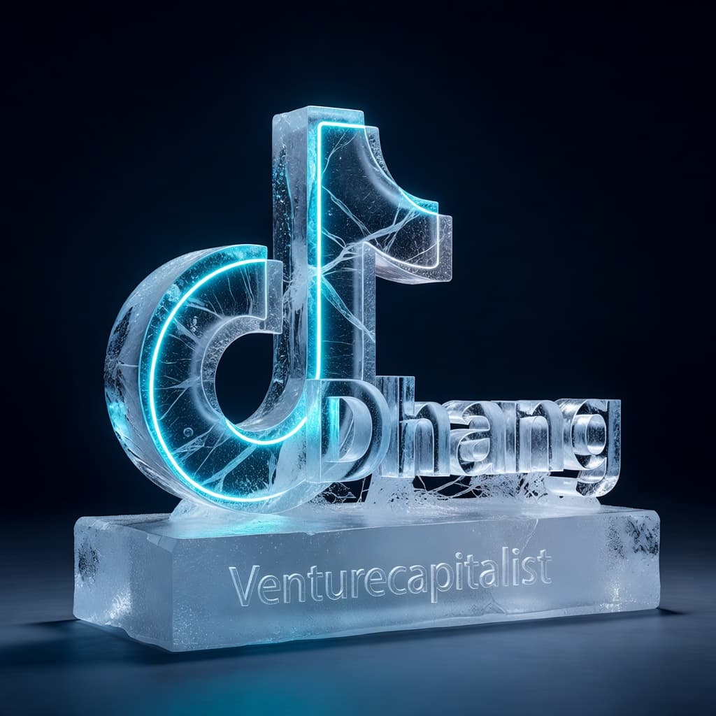 Dhang - "Venturecapitalist" (A 3D ice sculpture of the TikTok musical note icon, rough-cut frozen ice texture, internal fractures catching a bright cyan light, standing on an icy block base.)