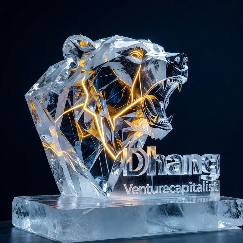 Dhang - "Venturecapitalist" (A 3D ice sculpture of a fierce roaring bear head, frozen crystalline look with internal white fractures glowing neon amber light, dark blue cinematic backdrop.)